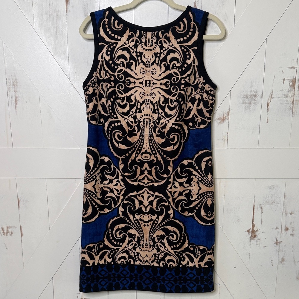 Donna Morgan Navy Beige Ornate Shift Dress